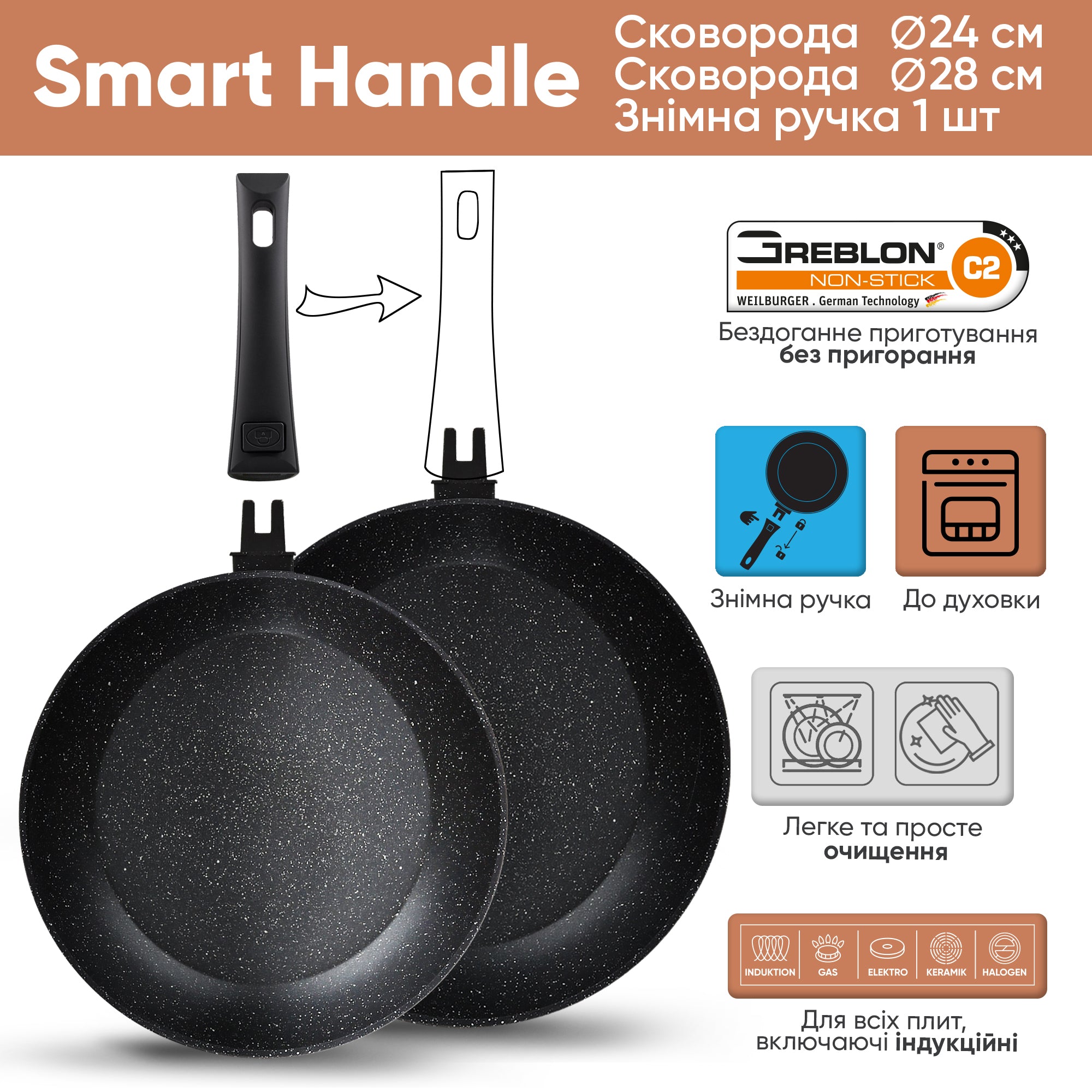 Набір універсальних сковорідок 24 і 28 см Smart Handle