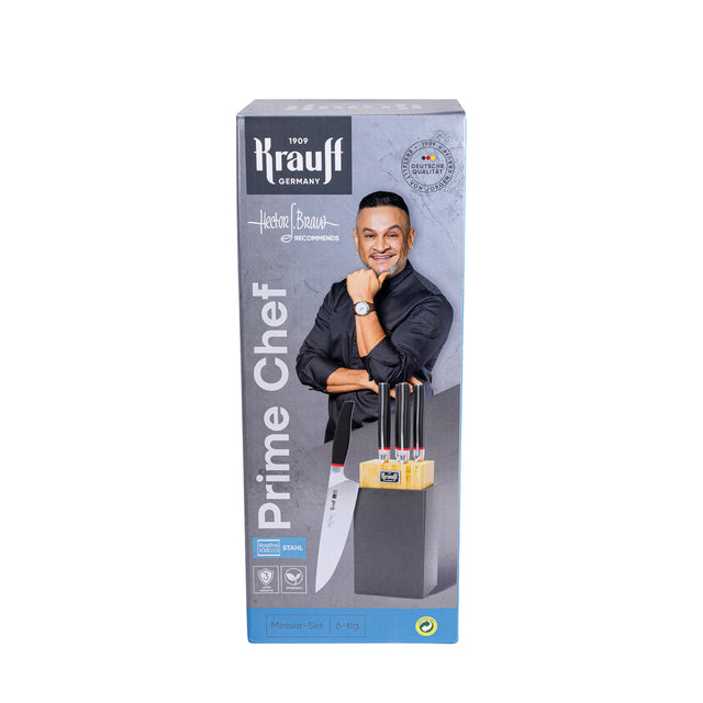 A set of knives with a Smart Shef stand