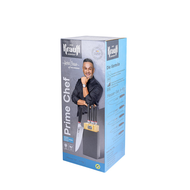 A set of knives with a Smart Shef stand