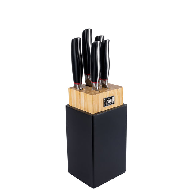 A set of knives with a Smart Shef stand