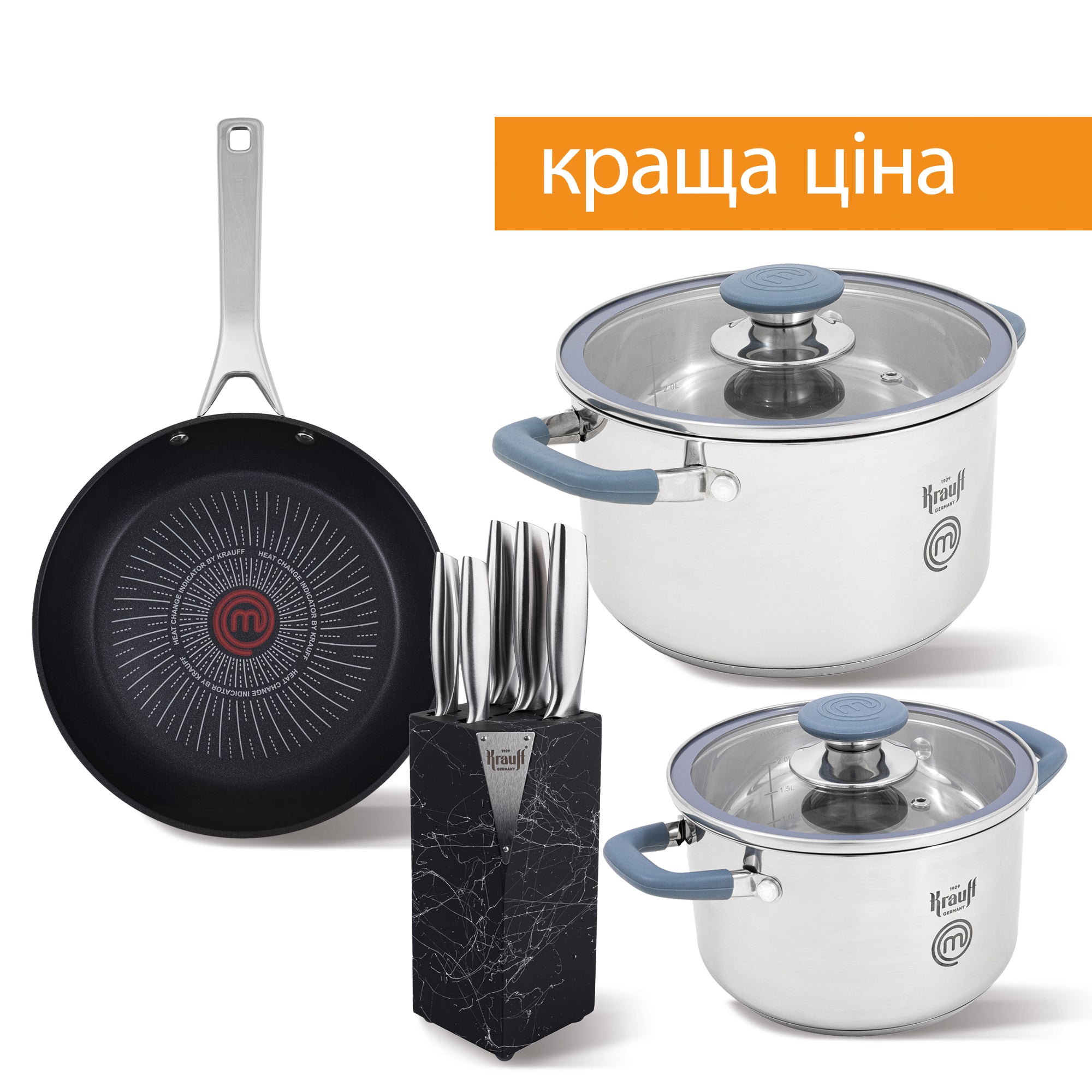 Набір посуду: каструля 2 л і 3.7 л, сковорідка 26 см MasterChef та набір ножів Prime Chef